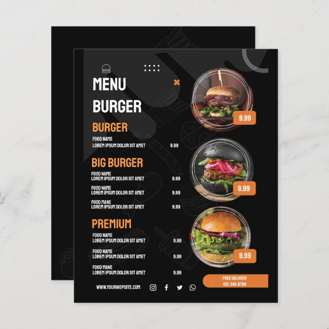 Black Elegant Burger Restaurant Menu Invitation (Front/Back)