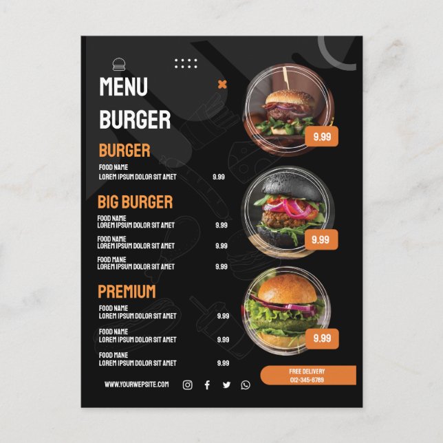 Black Elegant Burger Restaurant Menu Invitation (Front)