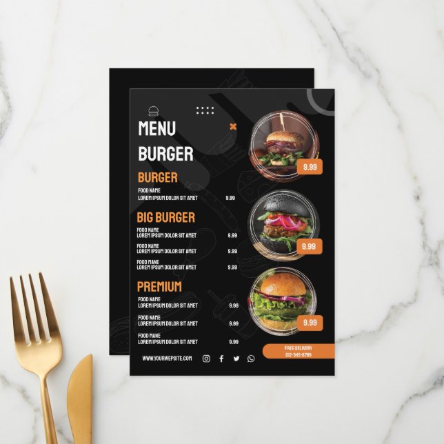 Black Elegant Burger Restaurant Menu Invitation (Front/Back In Situ)