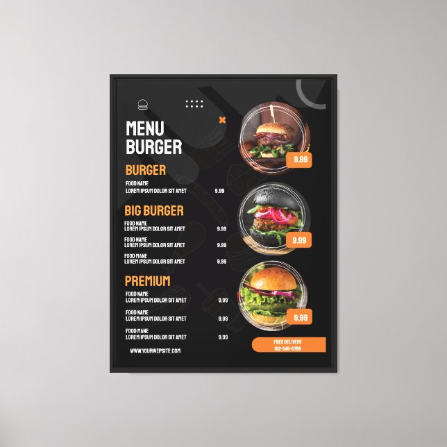 Black Elegant Burger Restaurant Menu Invitation Canvas Print (Front)