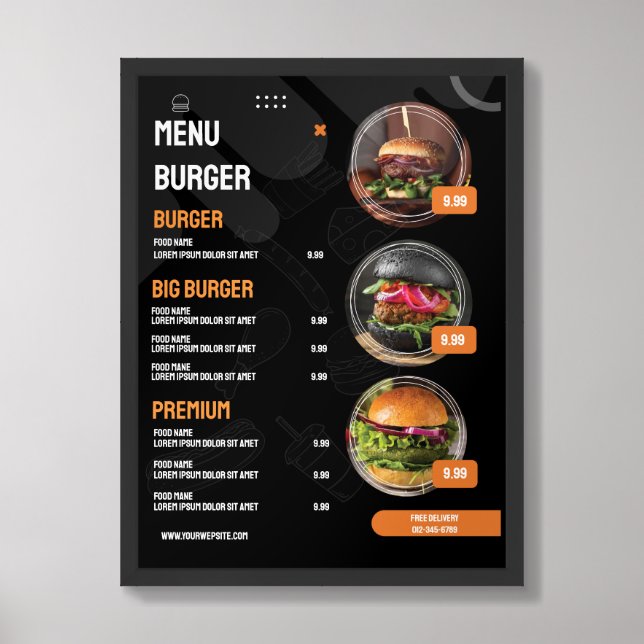 Black Elegant Burger Restaurant Menu Invitation Framed Art (Framed Front)
