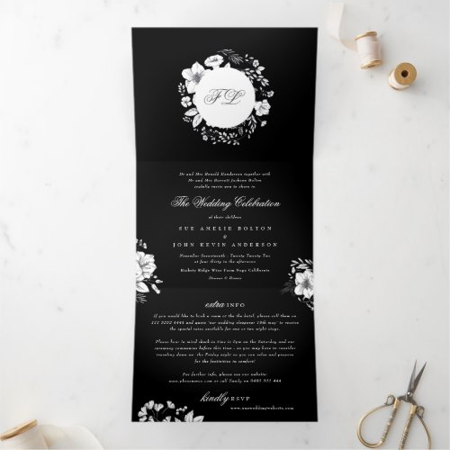Black Elegant Calligraphy Monogram Floral Wedding Tri_Fold Invitation