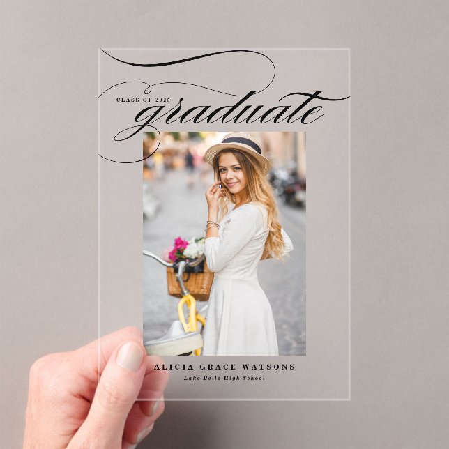 Black Elegant Calligraphy Photo Graduation Acrylic Invitations (Insitu (Handheld))