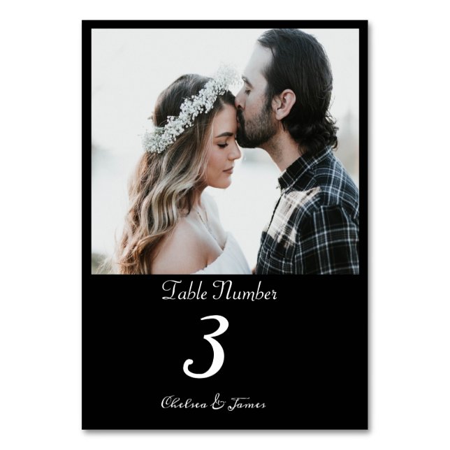 Black Elegant Calligraphy Photo Wedding Custom Table Number (Front)