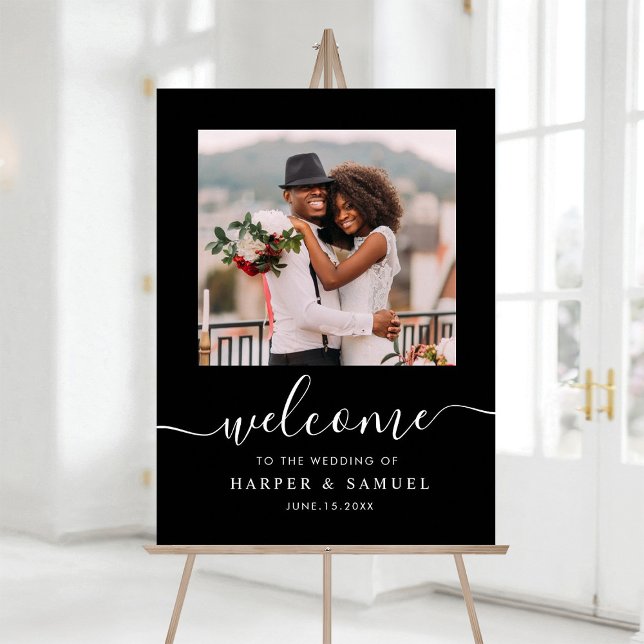 Black Elegant Calligraphy Photo Wedding Welcome Foam Board (Creator Uploaded)