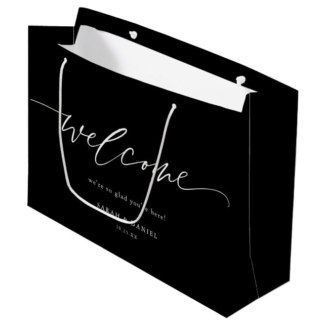 Black Elegant Calligraphy Wedding Welcome Gift Bag (Front Angled)