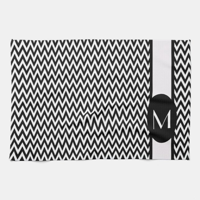 Black Elegant Chevron Design with monogram Kitchen Towel (Horizontal)