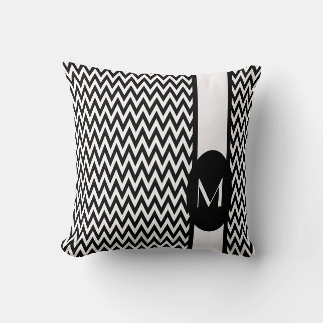 Black Elegant Chevron Design with monogram Throw Pillow (Front)