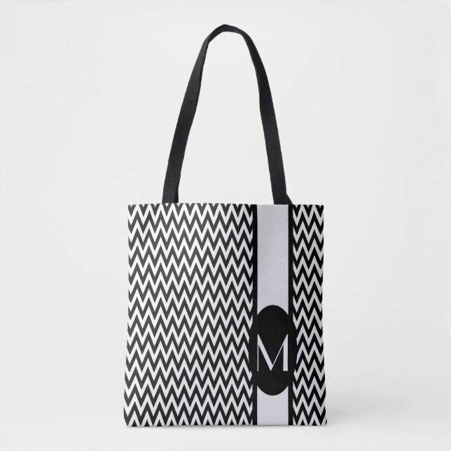 Black Elegant Chevron Design with monogram Tote Bag (Front)