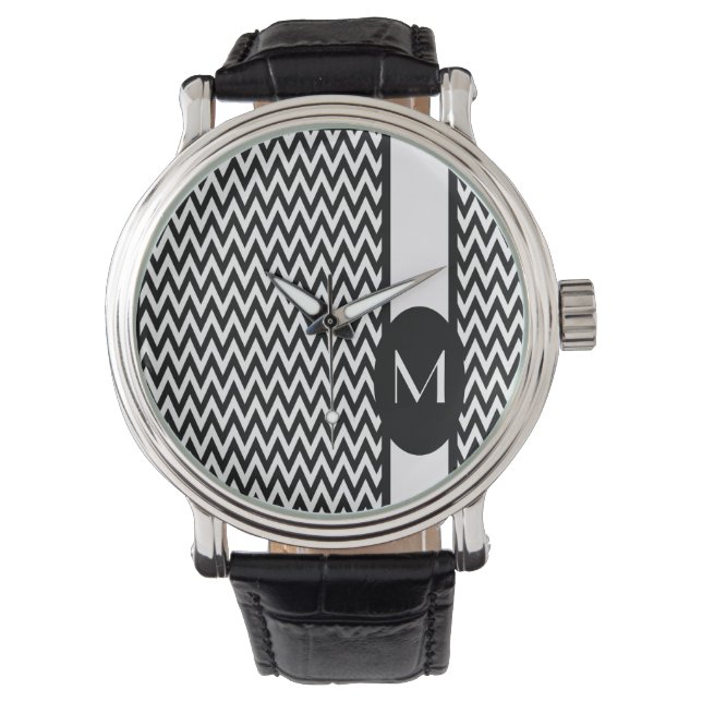 Black Elegant Chevron Design with monogram Watch (Front)