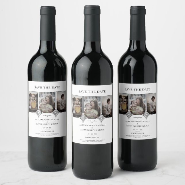 Black Elegant Collage Lace Romantic 3 Photos Wine Label (Bottles)