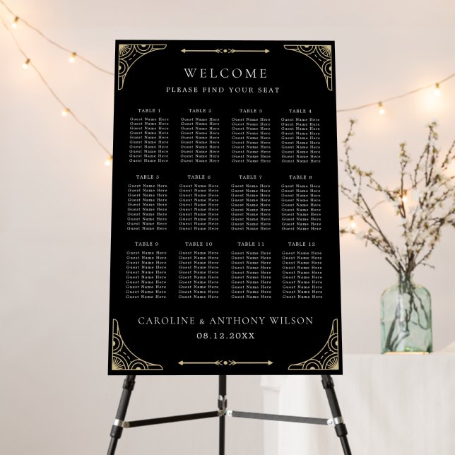 Black Elegant Deco Gold Retro Seating Chart Foam Board (In Situ (Stand))