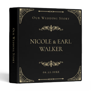 Black Elegant Deco Gold Retro Wedding 3 Ring Binder