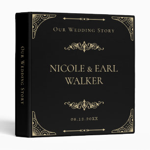 Black Elegant Deco Gold Retro Wedding 3 Ring Binder
