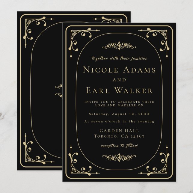 Black Elegant Deco Gold Retro Wedding Invitation (Front/Back)