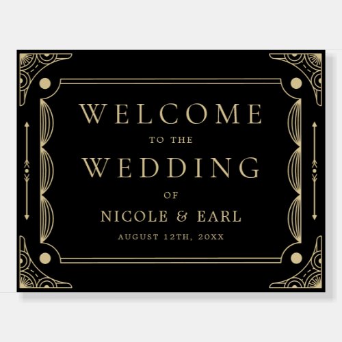 Black Elegant Deco Gold Retro Wedding Welcome Foam Board