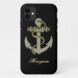 Black, Elegant Diamonds & Gold Nautical Anchor iPhone 11 Case