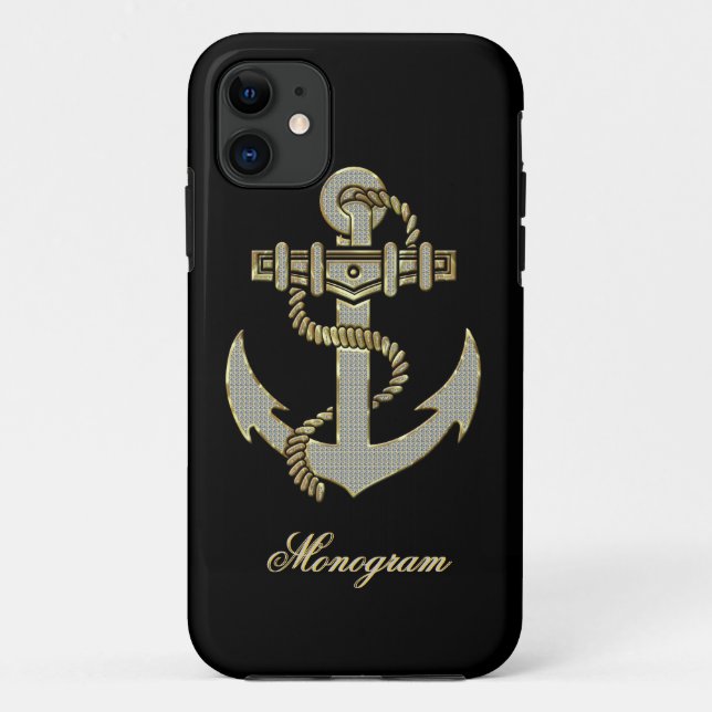 Black, Elegant Diamonds & Gold  Nautical Anchor Case-Mate iPhone Case (Back)