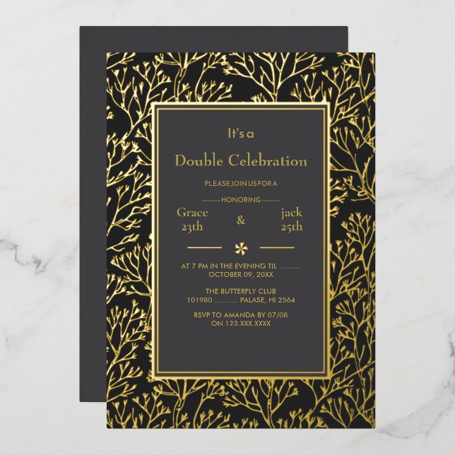 Black Elegant Double Celebration Birthday Foil Invitation (Front/Back)