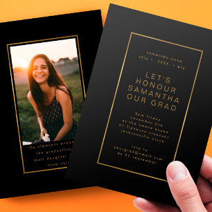 Black Elegant Faux Foil Photo University Grad Invitation