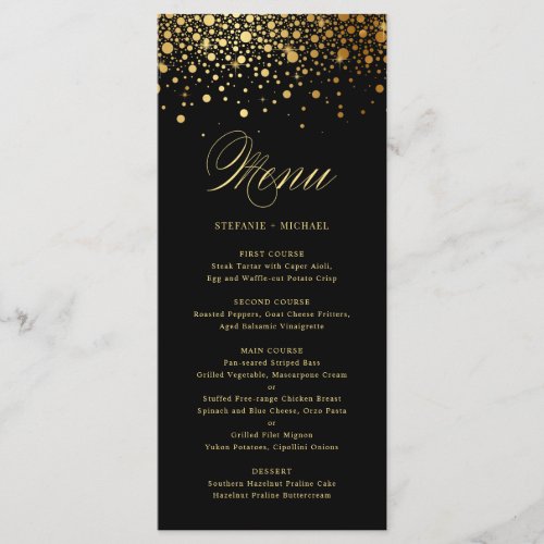 Black Elegant Faux Gold Foil Confetti Wedding Menu