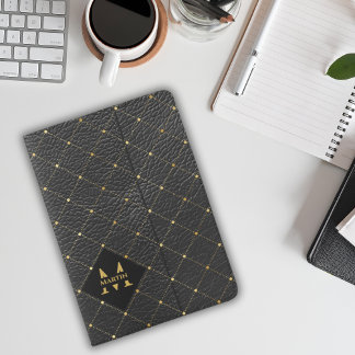 Black Elegant Faux Leather Gold Name Monogram  Passport Holder