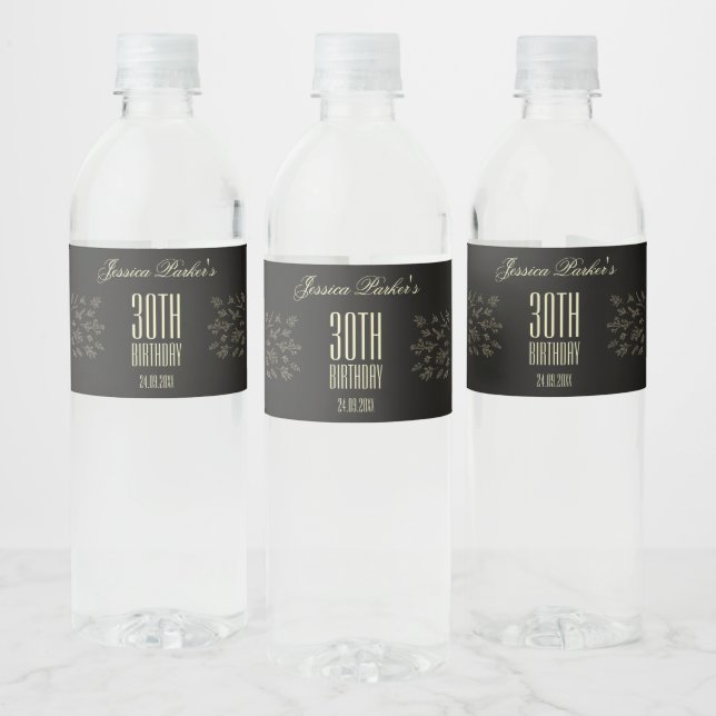 Black Elegant Floral Adult Birthday Water Bottle Label (Bottles)