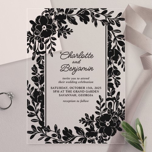 Black Elegant Floral Border Wedding Acrylic Invitations