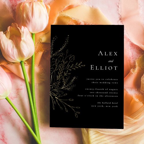 Black Elegant Floral Bouquet Wedding Gold Foil Invitation