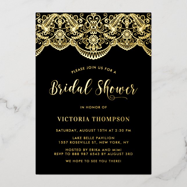 Black Elegant Floral Brocade Lace Bridal Shower Foil Invitation (Front)