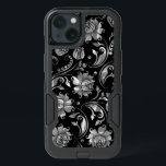 Black & Elegant Floral Damasks Silver Texture iPhone 13 Case<br><div class="desc">Elegant floral damasks shiny silver gray texture over changeable black background.</div>