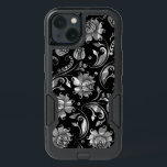 Black & Elegant Floral Damasks Silver Texture iPhone 13 Case<br><div class="desc">Elegant floral damasks shiny silver gray texture over changeable black background.</div>