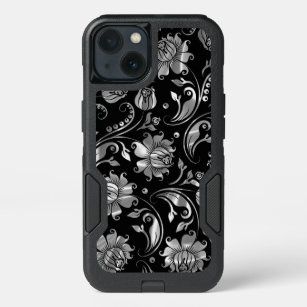 Black & Elegant Floral Damasks Silver Texture iPhone 13 Case