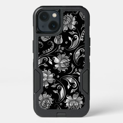 Black  Elegant Floral Damasks Silver Texture iPhone 13 Case