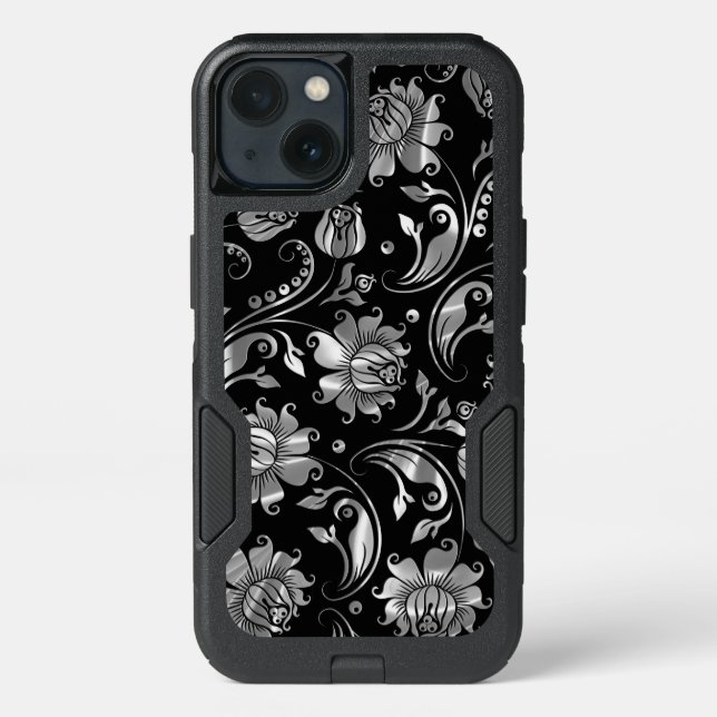 Black & Elegant Floral Damasks Silver Texture Otterbox iPhone Case (Back)