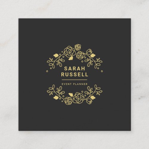 Black elegant floral frame chic gold event planner square business card