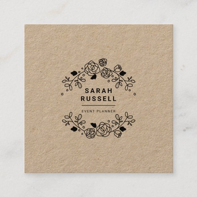 Black elegant floral frame kraft event planner square business card (Front)