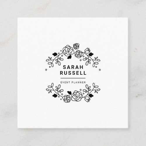 Black elegant floral frame white event planner square business card