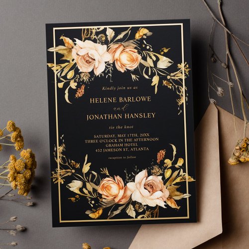 Black Elegant Floral Modern Wedding Invitation