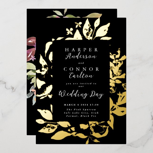 Black Elegant Floral Pressed Gold Wedding Foil Invitation (Front/Back)