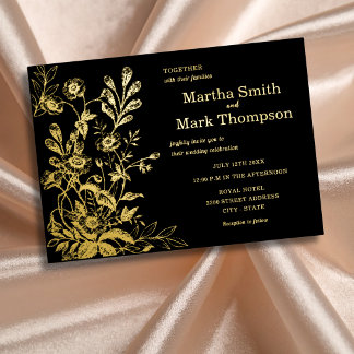 Black Elegant Floral Vintage Botanical Gold Foil Invitation