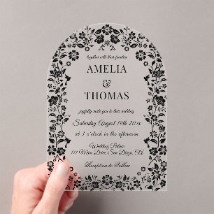 Black Elegant Floral Wedding Acrylic Invitations