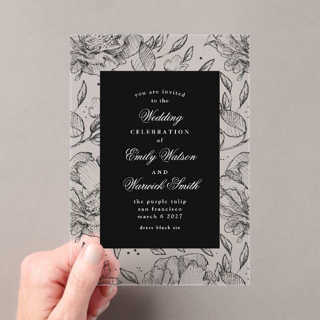 Black Elegant Floral Wedding Arch Acrylic Invitations (Insitu (Handheld))