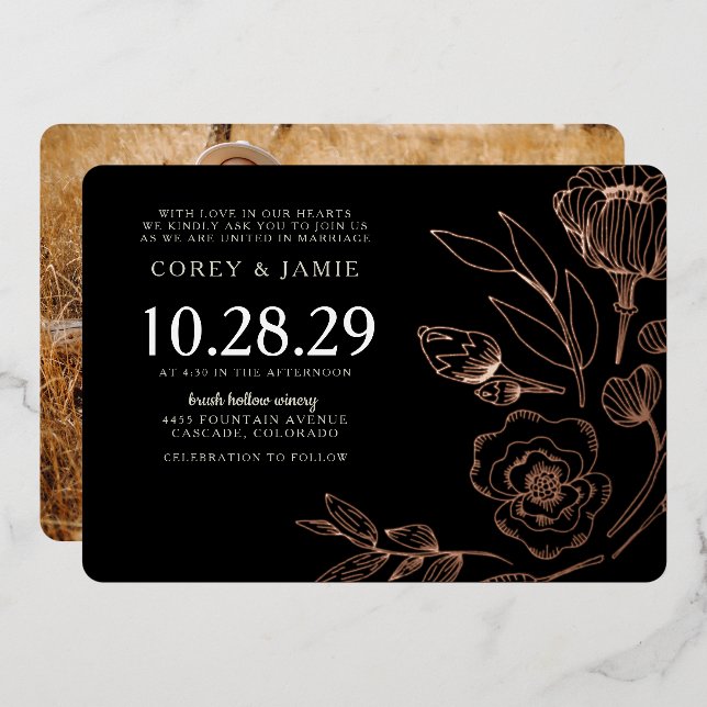 Black Elegant Floral Wedding Foil Invitation (Front/Back)