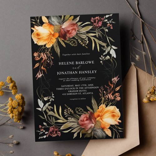 Black Elegant Floral Wedding Invitation