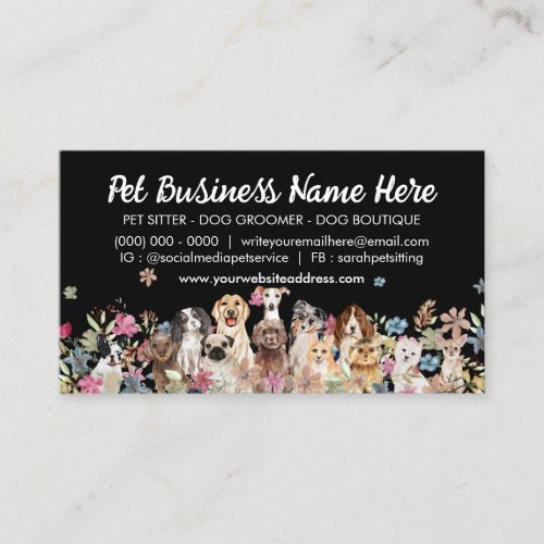 Black Elegant Flowers Dog Trainer Business Card