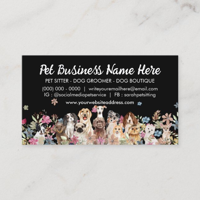 Black Elegant Flowers Dog Trainer Business Card (Front)