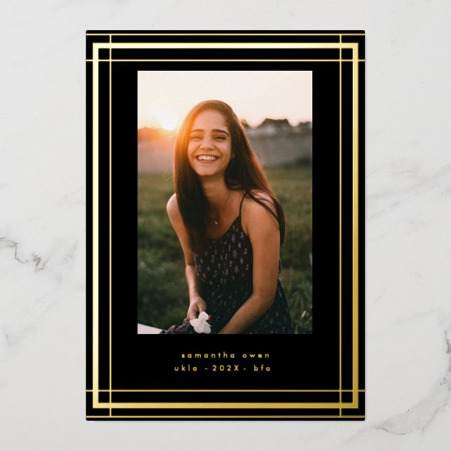 Black Elegant Foil Border Photo University Grad Invitation (Front)