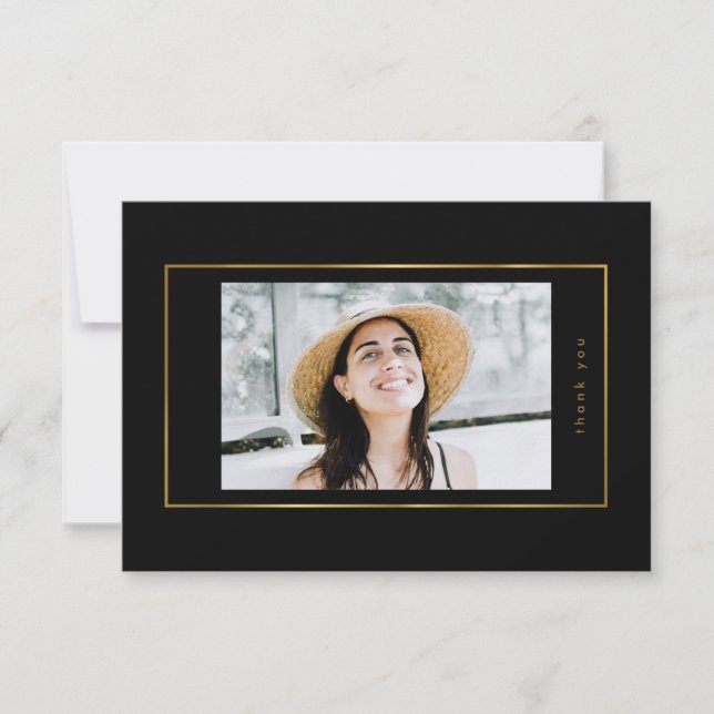 Black Elegant Foil Border Photo University Grad Thank You Card (Front)