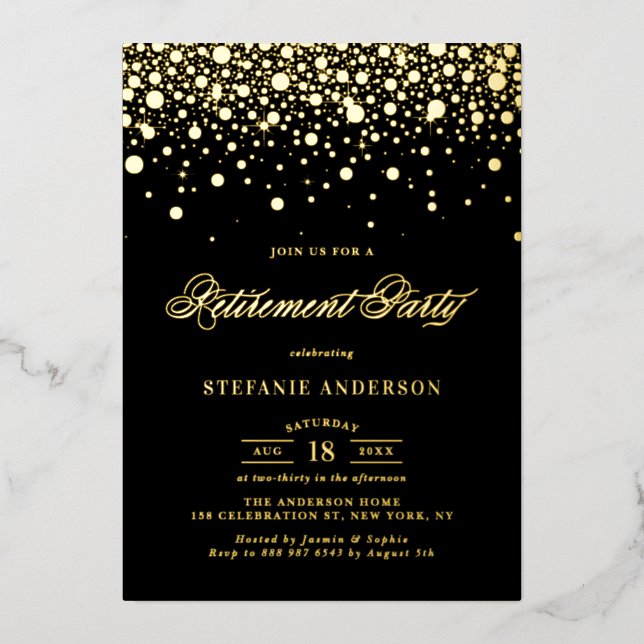 Black Elegant Foil Confetti Retirement Party Foil Invitation (Front)